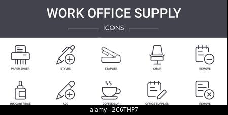 ensemble d'icônes de ligne de concept de fournitures de bureau de travail. contient des icônes utilisables pour le web, le logo, l'interface utilisateur/ux comme le stylet, la chaise, la cartouche d'encre, la tasse à café, la source de bureau Illustration de Vecteur