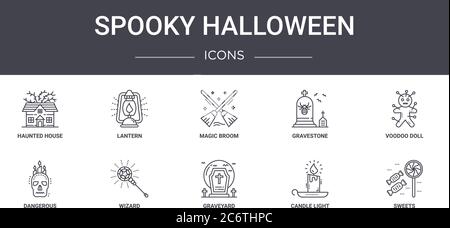 ensemble d'icônes de la ligne de concept d'halloween effrayante. contient des icônes utilisables pour le web, le logo, ui/ux telles que lanterne, pierre tombale, dangereux, cimetière, bougie lumière, s Illustration de Vecteur