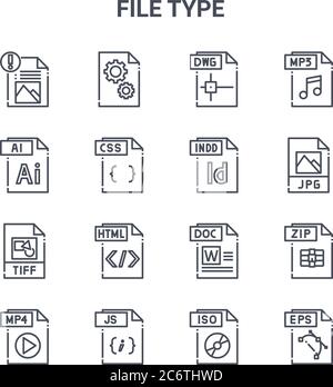 ensemble de 16 icônes de ligne vectorielle de type de fichier. icônes de traits fins 64x64 telles que fichier dll, fichier ai, jpg doc js eps iso indd mp Illustration de Vecteur