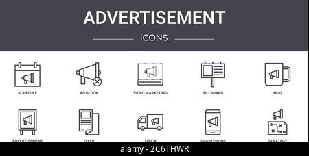 jeu d'icônes de ligne de concept de publicité. contient des icônes utilisables pour le web, le logo, l'interface utilisateur/ux, comme le bloc publicitaire, le panneau d'affichage, la publicité, le camion, le smartphone, la strate Illustration de Vecteur