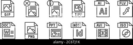 12 ensemble d'icônes de type de fichier linéaire. icônes de contour mince telles que le fichier iso, le fichier indd, le fichier png, ai pour le web, mobile Illustration de Vecteur