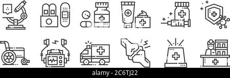 12 icônes linéaires de services médicaux. icônes de contour mince telles que réceptionniste, joint, défibrillateur, vaccin, médicaments, plâtre pour le web, mobile Illustration de Vecteur