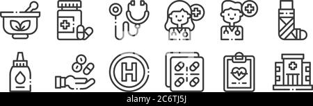 12 ensemble d'icônes de médecine linéaire. icônes de contour mince comme hôpital, pilules, main, médecin, stéthoscope, antibiotique pour le web, mobile Illustration de Vecteur