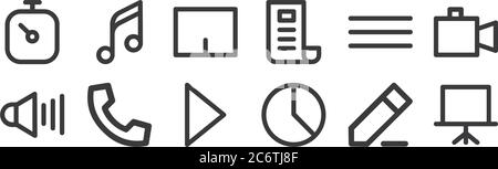 12 ensemble d'icônes d'interface utilisateur linéaires. icônes à contour fin telles que présentation, graphique circulaire, téléphone, bouton, pavé tactile, chanson pour le web, mobile Illustration de Vecteur
