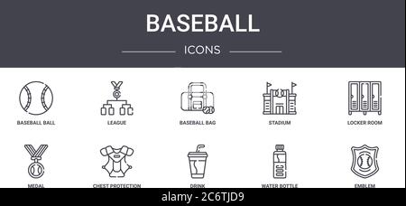 jeu d'icônes de ligne de base-ball. contient des icônes utilisables pour le web, le logo, l'interface utilisateur/ux comme la ligue, le stade, la médaille, la boisson, la bouteille d'eau, l'emblème, le vestiaire, Illustration de Vecteur