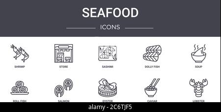 ensemble d'icônes de la gamme de produits de la mer. contient des icônes utilisables pour le web, le logo, l'interface utilisateur/ux comme le magasin, le poisson dolly, le poisson en rouleau, l'huître, le caviar, le homard, la soupe, le sashim Illustration de Vecteur