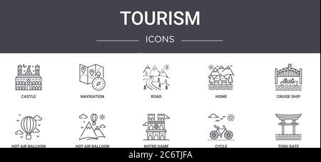 ensemble d'icônes de ligne de concept de tourisme. contient des icônes utilisables pour le web, le logo, ui/ux tels que la navigation, la maison, ballon d'air chaud, notre dame, cycle, porte torii, c Illustration de Vecteur