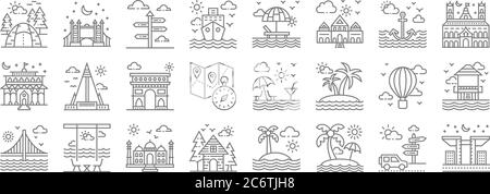 icônes de la ligne de tourisme. ensemble linéaire. ensemble de lignes vectorielles de qualité telles que bâtiment, tropical, chalet, pont, montgolfière, arc de triomphe, château, plage, Illustration de Vecteur