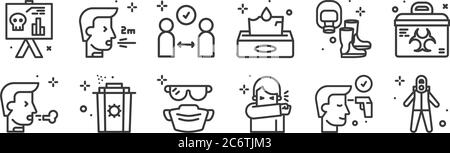 12 ensembles d'icônes linéaires de coronavirus. icônes de contour mince telles que costume, toux, déchets, équipement, garder la distance, éternuer pour le web, mobile Illustration de Vecteur