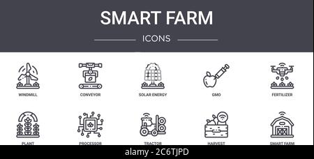 jeu d'icônes de la ligne de concept de ferme intelligente. contient des icônes utilisables pour le web, le logo, l'interface utilisateur/ux, comme le convoyeur, l'ogm, la plante, le tracteur, la récolte, la ferme intelligente, l'engrais, Illustration de Vecteur