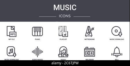 jeu d'icônes de ligne de concept de musique. contient des icônes utilisables pour le web, le logo, ui/ux comme le piano, le métronome, le téléchargement de musique, lourd, walkman, cloche, musique downloa Illustration de Vecteur