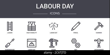 jeu d'icônes de ligne de concept de la fête du travail. contient des icônes utilisables pour le web, le logo, l'interface utilisateur/ux, comme le gilet haute visibilité, le crayon, le tournevis, la grue, l'écrou, le jackhamme Illustration de Vecteur