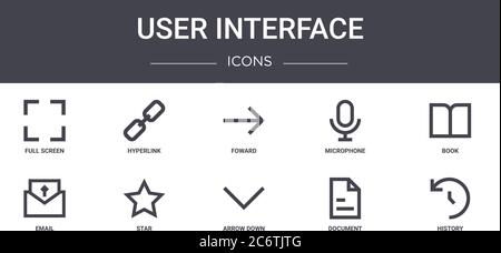 ensemble d'icônes de ligne de concept d'interface utilisateur. contient des icônes utilisables pour le web, le logo, l'interface utilisateur/ux, telles que l'hyperlien, le microphone, l'e-mail, la flèche vers le bas, le document, l'historique, Illustration de Vecteur
