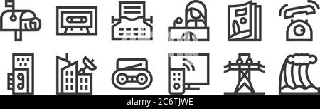 12 ensemble d'icônes linéaires d'actualités. icônes à contour fin comme tsunami, tv, diffusion, magazine, dactylographie, cassette pour le web, mobile Illustration de Vecteur
