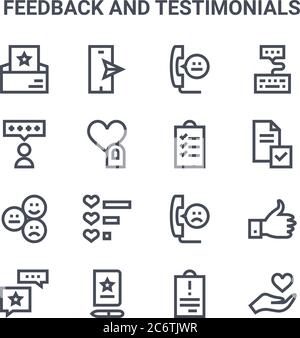 ensemble de 16 commentaires et témoignages concept de lignes vectorielles icônes. icônes 64x64 à traits fins telles que smartphone, feedback, enquête, dislike, portable, cœur, Illustration de Vecteur