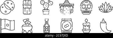 12 ensembles d'icônes linéaires du mexique. icônes à contour fin comme le chili, le beurre d'arachide, le guacamole, le crâne, le cactus, les tamales pour le web, mobile Illustration de Vecteur