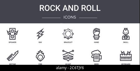 ensemble d'icônes de la ligne de concept rock and roll. contient des icônes utilisables pour le web, le logo, l'interface utilisateur/ux telles que ray, hand, keytar, hi hat, bière, clavier, crâne, bracelet Illustration de Vecteur