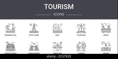ensemble d'icônes de ligne de concept de tourisme. contient des icônes utilisables pour le web, le logo, ui/ux tels que la tour eiffel, pyongyang, temple chinois, avion, camping, ancre Illustration de Vecteur