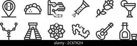 12 ensemble d'icônes linéaires du mexique. icônes à contour mince comme tequila, mexique, chichen itza pyramide, rose, quetzalcoalt, taco pour le web, mobile Illustration de Vecteur