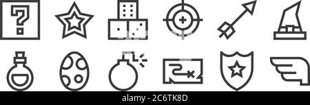 12 ensemble d'icônes linéaires de jeux vidéo. icônes de contour mince telles que les ailes, la carte, l'oeuf, la flèche, les dés, l'étoile pour le web, mobile Illustration de Vecteur