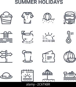 ensemble de 16 icônes de ligne vectorielle de concept de vacances d'été. icônes 64x64 à trait fin telles que vêtements, piscine, température, billet, calendrier, bateau, parapluie, su Illustration de Vecteur