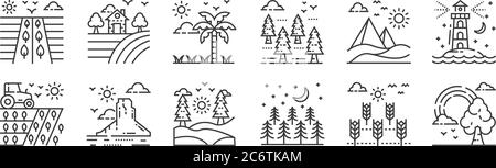 12 ensembles d'icônes linéaires de nature et de paysage. icônes de contour mince telles que l'arc-en-ciel, les arbres, le paysage, le désert, tropical, ferme pour le web, mobile Illustration de Vecteur