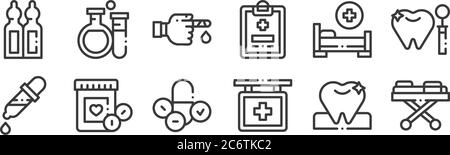12 ensemble d'icônes de médecine linéaire. icônes de contour mince telles que brancard médical, hôpital, médecine, lit d'hôpital, inju, tubes à essai pour le web, mobile Illustration de Vecteur
