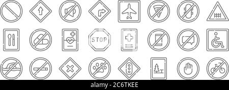 signaux et interdictions lignes icônes. set linéaire. qualité vecteur ligne set tel que pas de vélo, camping, pas d'animaux, pas de natation, parler, urgence, railwa Illustration de Vecteur