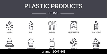 ensemble d'icônes de ligne de concept de produits en plastique. contient des icônes utilisables pour le web, le logo, l'interface utilisateur/ux comme la boîte, la bouteille en plastique, le cône, le rouleau, le recyclage, le recyclage, le gazon Illustration de Vecteur