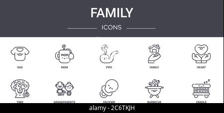 ensemble d'icônes de ligne de concept de famille. contient des icônes utilisables pour le web, le logo, l'interface utilisateur/ux comme la maman, la famille, l'arbre, la sucette, le barbecue, le berceau, le coeur, le tuyau Illustration de Vecteur