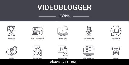 jeu d'icônes de ligne de concept de videoblogger. contient des icônes utilisables pour le web, le logo, l'interface utilisateur/ux tels que l'enregistreur vidéo, le microphone, les vues, le téléchargement, les médias sociaux, dro Illustration de Vecteur