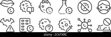 12 ensemble d'icônes linéaires de coronavirus. icônes de contour mince telles que la souris, l'injection, les médicaments, banni, bébé fille, n'aime pas pour le web, mobile Illustration de Vecteur