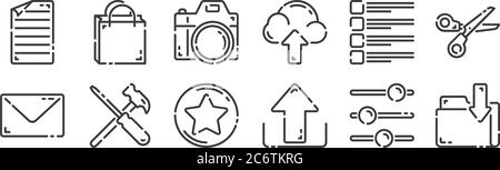 12 ensemble d'icônes d'interface utilisateur linéaire. icônes de contour mince telles que dossier, téléchargement, réglage, liste de contrôle, appareil photo, sac d'achats pour le web, mobile Illustration de Vecteur