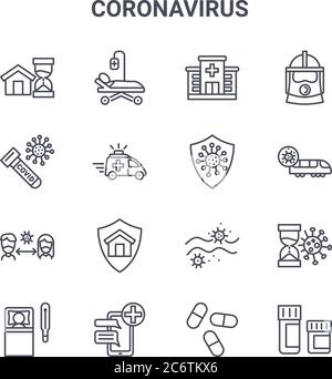 ensemble de 16 icônes de lignes vectorielles de concept de coronavirus. icônes 64x64 de trait fin telles que lit d'hôpital, covid, , appel d'urgence, médicaments, pilules, coronavirus, Illustration de Vecteur