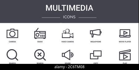 ensemble d'icônes de ligne de concept multimédia. contient des icônes utilisables pour le web, le logo, l'interface utilisateur/ux comme la radio, le mégaphone, la recherche, le son, la copie, la lecture, le lecteur de film, la vidéo Illustration de Vecteur