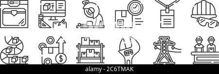 12 ensemble d'icônes de processus industriel linéaire. icônes de contour mince telles que la fabrication, la clé, la boîte, le travail, la scie, le produit de pour le web, mobile Illustration de Vecteur