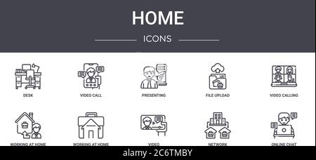 ensemble d'icônes de ligne de concept d'accueil. contient des icônes utilisables pour le web, le logo, l'interface utilisateur/ux, comme les appels vidéo, le téléchargement de fichiers, le travail à domicile, la vidéo, le réseau, le chat en ligne, Illustration de Vecteur