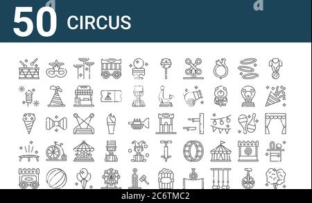 ensemble de 50 icônes de cirque. délimite les icônes de ligne mince telles que les bonbons de coton, wagon, trampoline, crème glacée, feux d'artifice, masque, billet Illustration de Vecteur