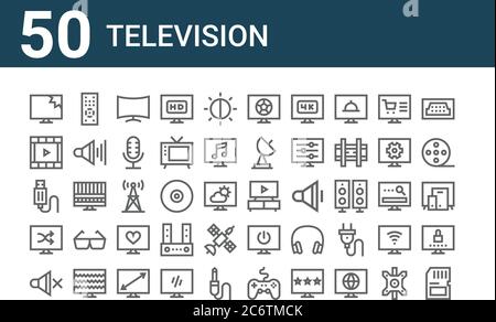 ensemble de 50 icônes de télévision. contour des icônes de ligne fine telles que carte mémoire, muet, shuffle, câble usb, film de film, télécommande, tv, football, radio ant Illustration de Vecteur