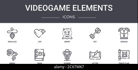 jeu d'icônes de ligne de concept d'éléments de jeu de jeux vidéo. contient des icônes utilisables pour le web, le logo, ui/ux tels que la vie, la clé, l'ennemi, la fleur, la lettre, le drapeau pirate, l'armure, e Illustration de Vecteur