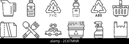 12 jeux d'icônes linéaires de produits en plastique. icônes à contour fin telles que sac en plastique, corbeille, couverts, recyclage, bouteille d'eau pour toile, mobil Illustration de Vecteur
