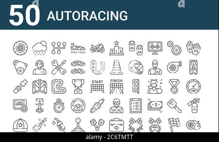 ensemble de 50 icônes de course automatique. délimite les icônes de ligne mince telles que pneu, chapeau, jeu, ceinture de sécurité, courroie de convoyeur, pluie, finition Illustration de Vecteur
