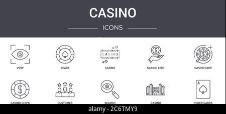 jeu d'icônes de ligne de concept de casino. contient des icônes utilisables pour le web, le logo, l'interface utilisateur/ux comme la bêche, la puce de casino, les jetons de casino, la recherche, les cartes de poker, la puce, Illustration de Vecteur