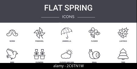 jeu d'icônes de ligne de concept de ressort plat. contient des icônes utilisables pour le web, le logo, ui/ux tels que le volant, la fleur, l'oiseau, les nuages et le soleil, escargot, arbre, coccinelle, u Illustration de Vecteur