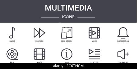 ensemble d'icônes de ligne de concept multimédia. contient des icônes utilisables pour le web, le logo, l'interface utilisateur/ux telles que la marche avant, la vidéo, le film, l'information, la liste de lecture, l'augmentation du volume, la notification, f Illustration de Vecteur