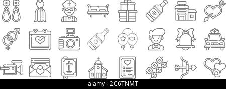 icônes de la ligne de mariage. ensemble linéaire. ensemble de lignes vectorielles de qualité telles que les coeurs, les collations, l'église, la caméra vidéo, le mariage, la caméra photo, l'amour, les cadeaux, la robe Illustration de Vecteur