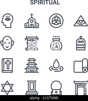 ensemble de 16 icônes de ligne de vecteur de concept spirituel. icônes 64x64 à trait fin telles que église, bouddha, amulette, raindrop, lutrin, shinto, boule de cristal, aromat Illustration de Vecteur