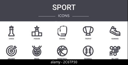 jeu d'icônes de ligne de concept de sport. contient des icônes utilisables pour le web, le logo, ui/ux tels que podium, trophée, tir à l'arc, basket-ball, baseball, billard, course à pied, boîte Illustration de Vecteur
