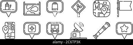 12 ensemble d'icônes de navigation linéaire et de cartes. icônes de contour mince telles que favori, antenne parabolique, hôpital, navigation, centre commercial, aveugle pour le web Illustration de Vecteur
