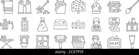 icônes de ligne de nettoyage. set linéaire. jeu de lignes de qualité vecteur telles que grattoir, nettoyeur, rouleau, planche à repasser, sèche-mains, sac à ordures, balai, éponge, frottement Illustration de Vecteur